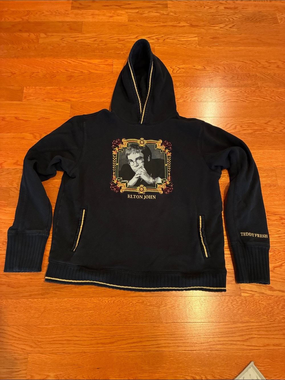 Teddy Fresh Black Cowlneck Hoodie with Gold Trim and Elton John Motif